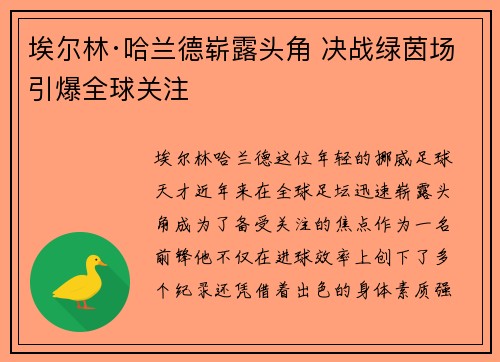 埃尔林·哈兰德崭露头角 决战绿茵场引爆全球关注
