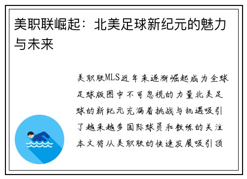 美职联崛起：北美足球新纪元的魅力与未来